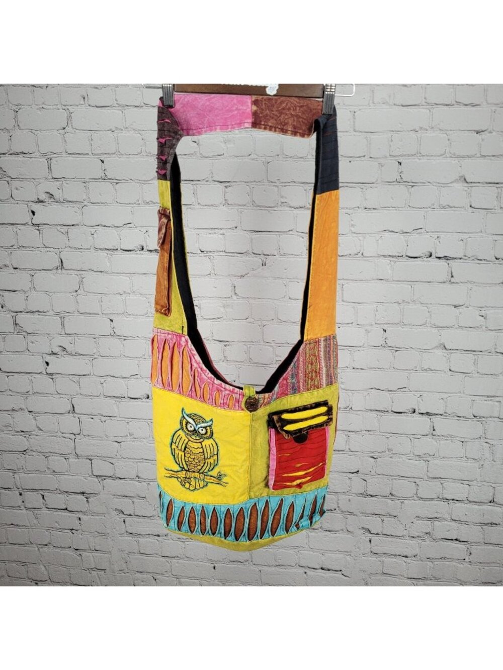 Multicolor Cotton Embroidered Owl Boho Zipped Crossbody Hobo Tote Bag Nepal Made